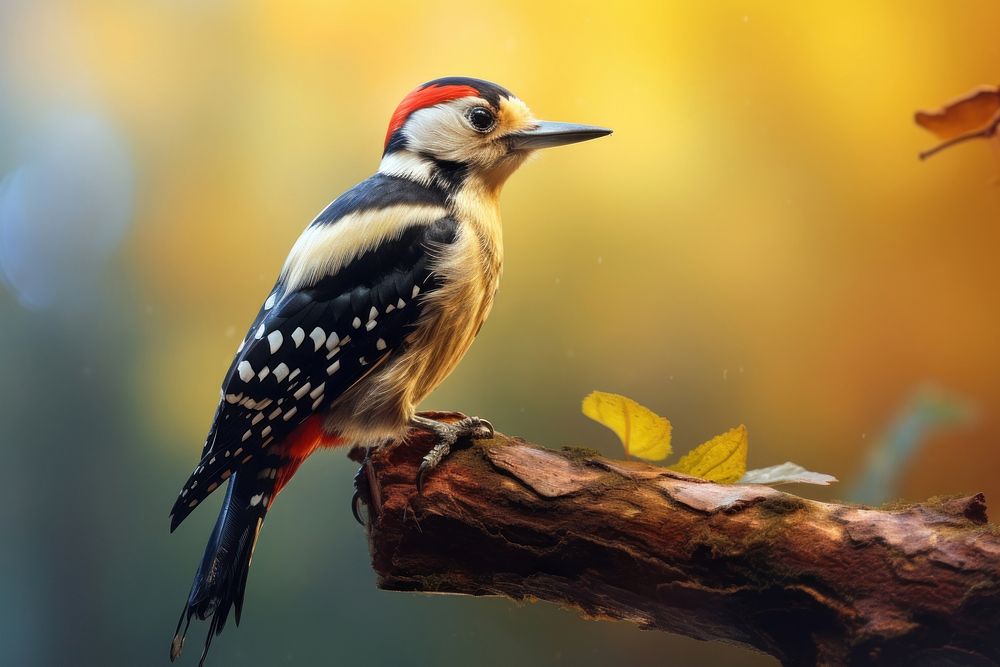 Spotted woodpecker on branch animal bird beak.