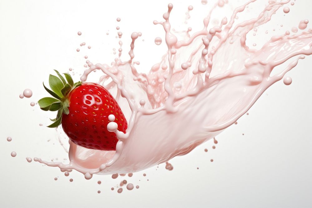 Strawberry and milk splash falling fruit plant.
