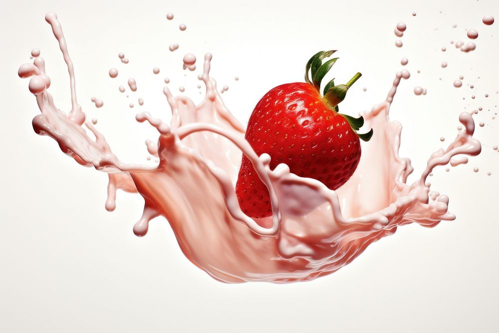 Strawberry and milk splash falling fruit food.