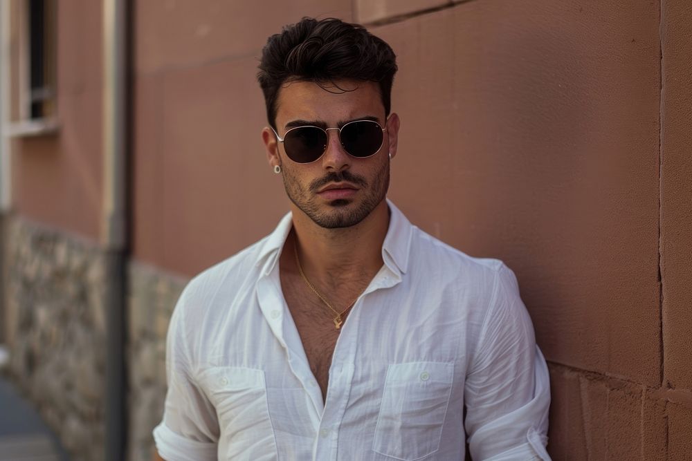 Stylish man wearing sunglasses and white shirt shoulder adult individuality.