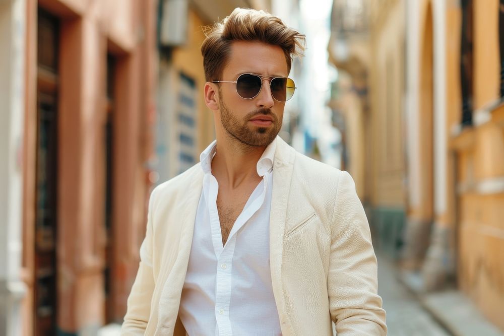 Stylish man wearing sunglasses and white shirt jacket blazer adult.