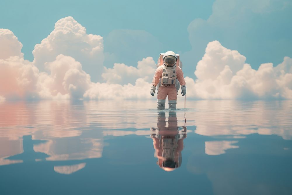 Photography of astronaut cloud tranquility reflection.