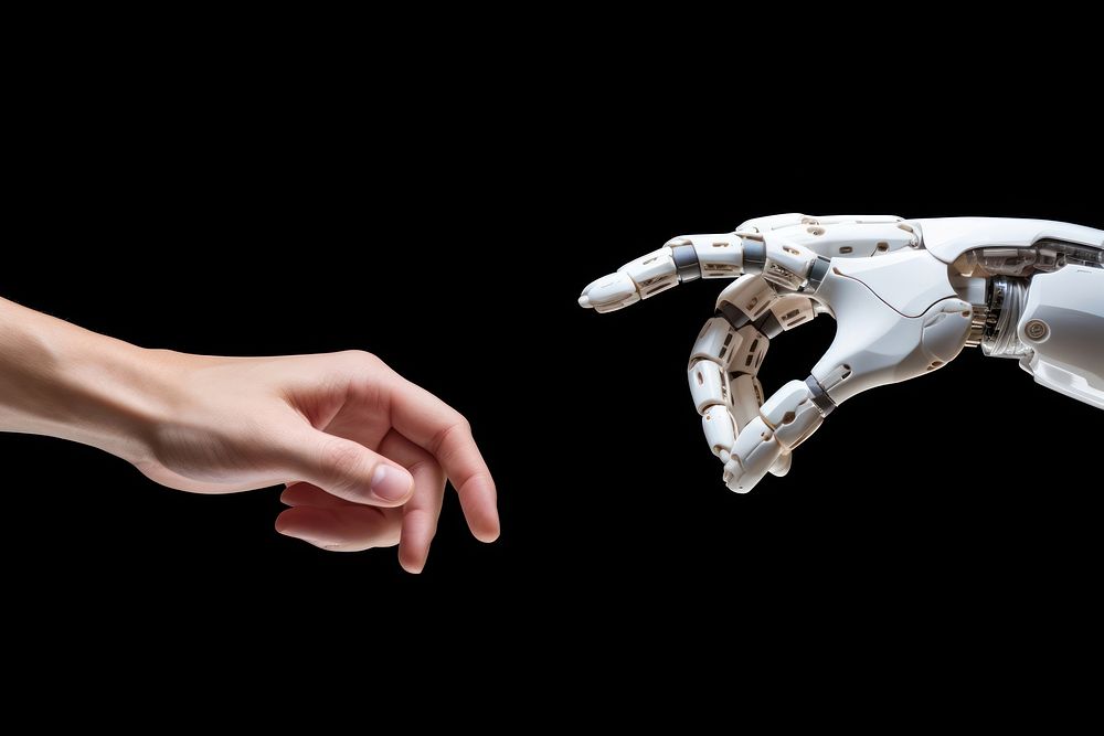 Robotic hand pointing his finger human transportation handshake.