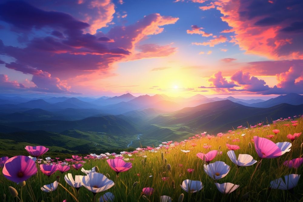 Sky sunset and green hill mountains flower meadow sky.