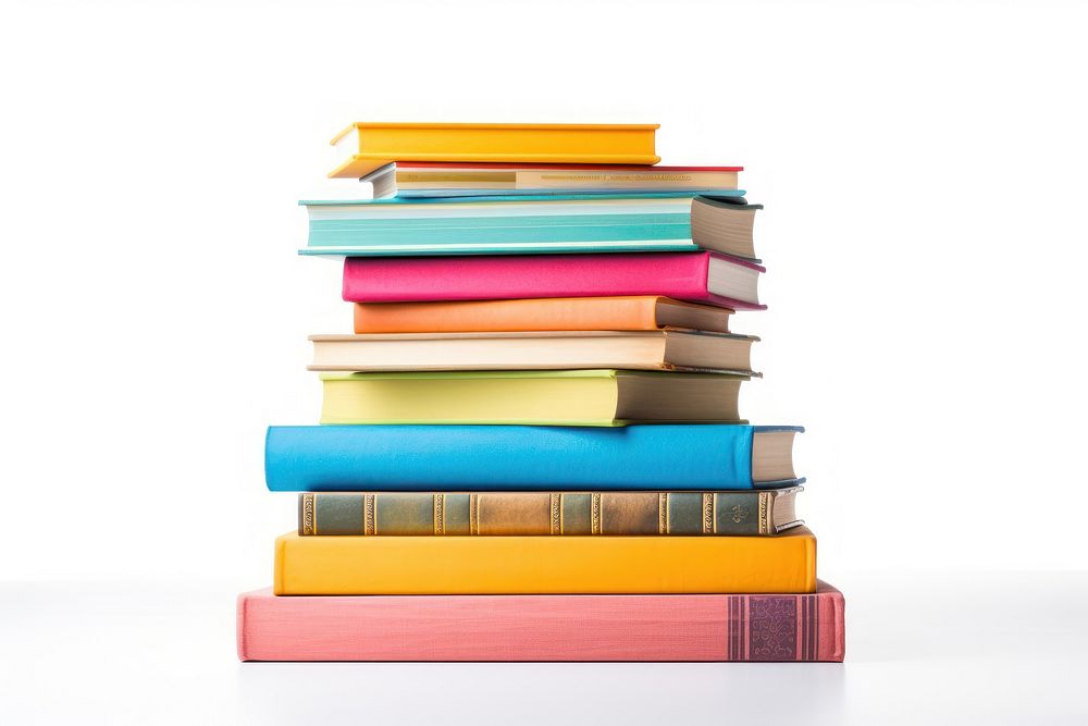 Stack of colorful books publication library white background.