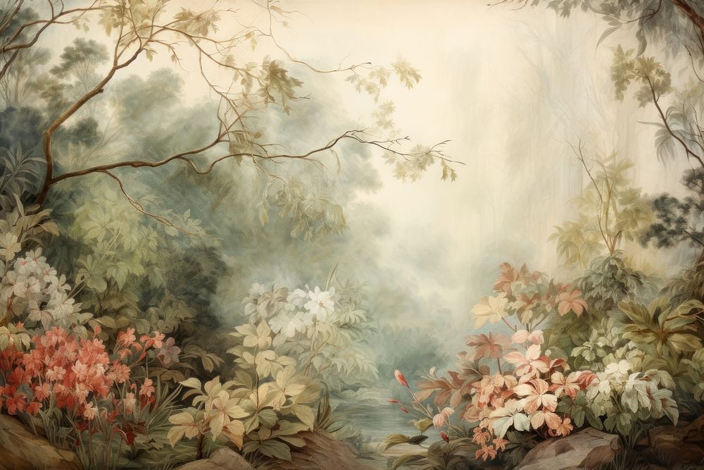 Soft vintage painting of a lush wild bush drawing art tranquility.