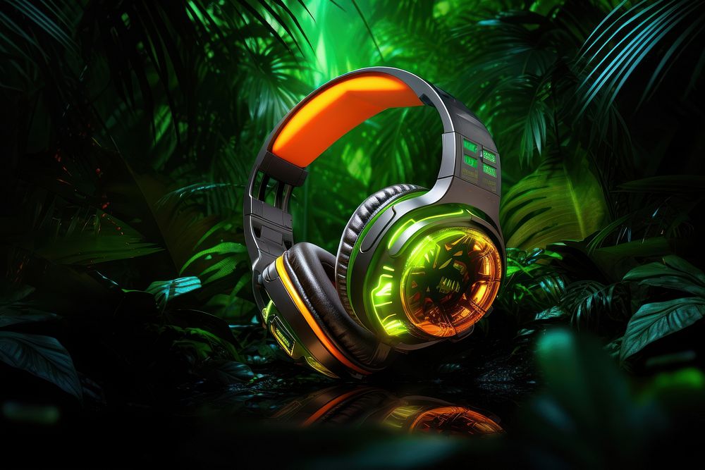Headphones in a futuristic jungle rainforest headset green.
