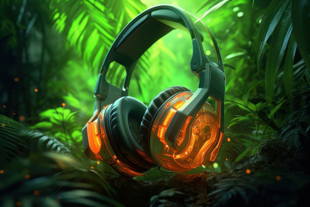 Headphones in a futuristic jungle rainforest glowing headset.