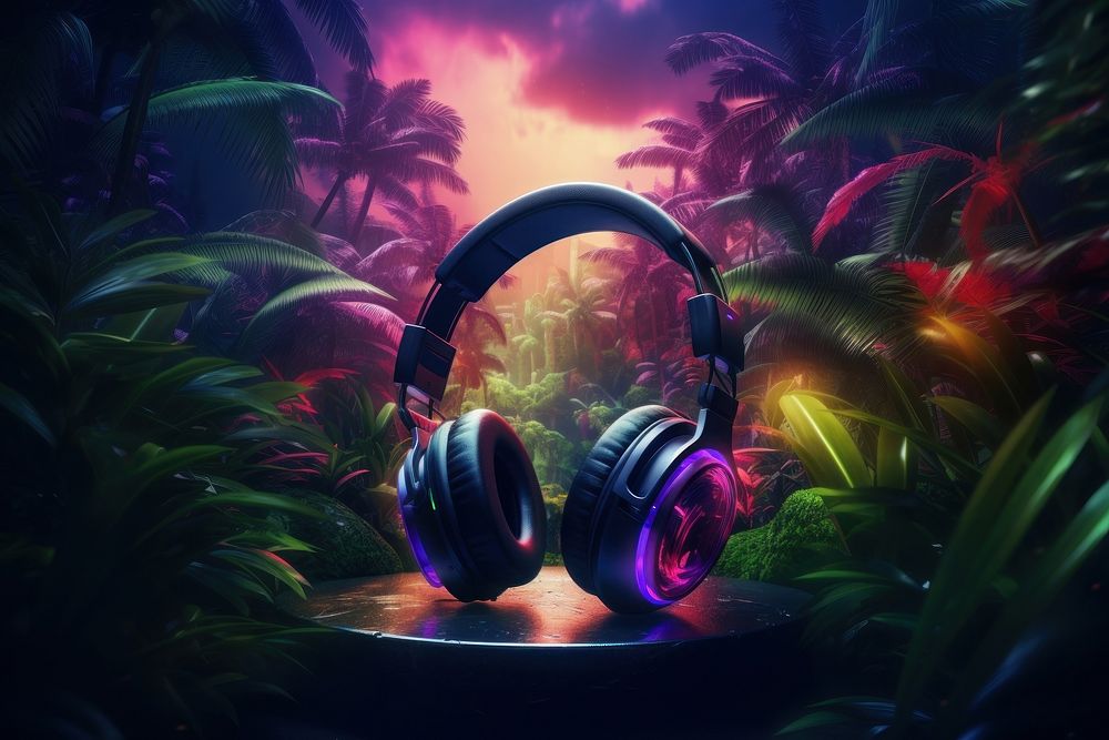 Headphones in a futuristic jungle headset forest plant.