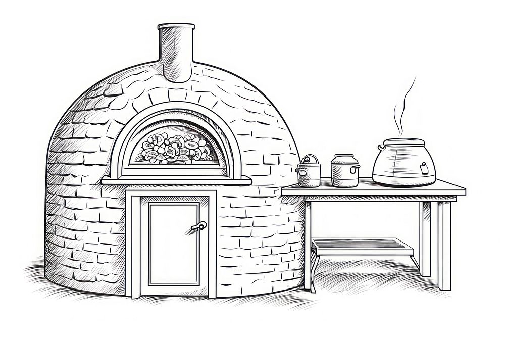 Traditional pizza oven sketch fireplace drawing.