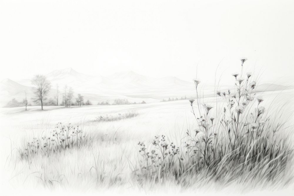 Vintage meadow sketch drawing white tranquility.