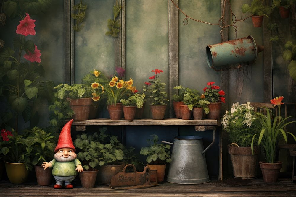 A garden gnome and a flowerpot Vintage garden background outdoors nature.