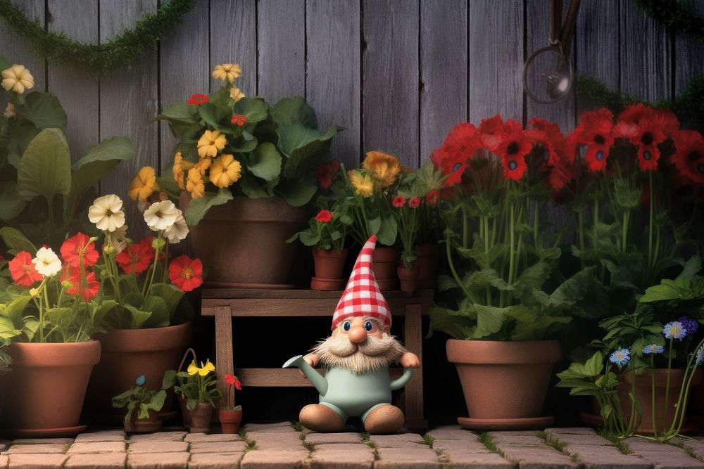 A garden gnome and a flowerpot Vintage garden background outdoors nature.