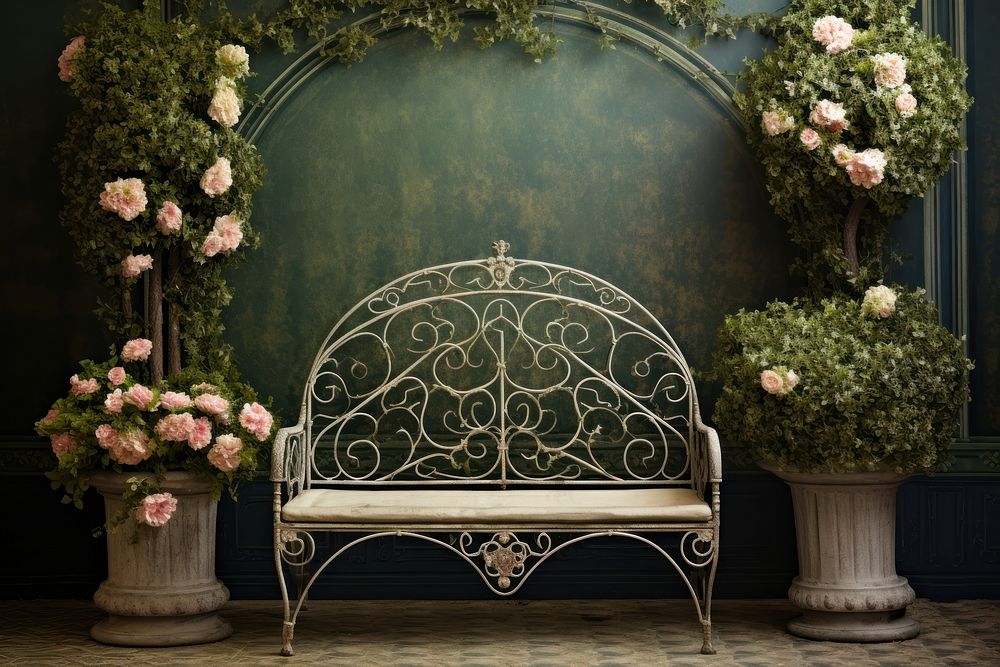 A wrought iron bench and a topiary Vintage garden background architecture furniture.