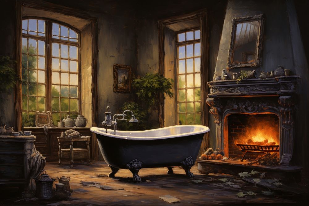 Vintage bathroom interior with a fireplace bathtub hearth architecture.