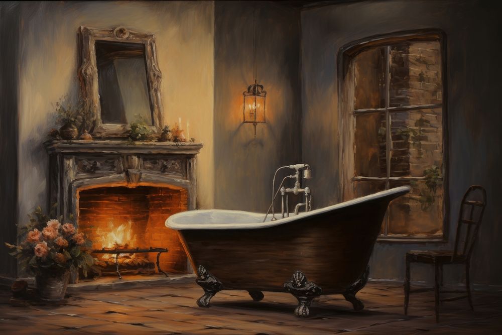 Vintage bathroom interior with a fireplace painting lighting bathtub.
