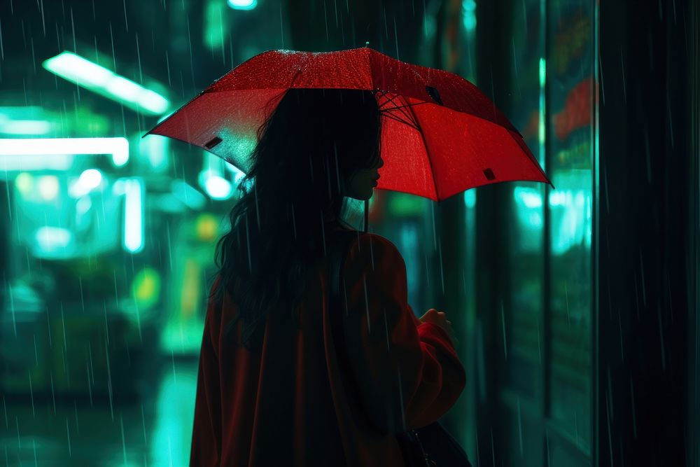 Umbrella holding street night.