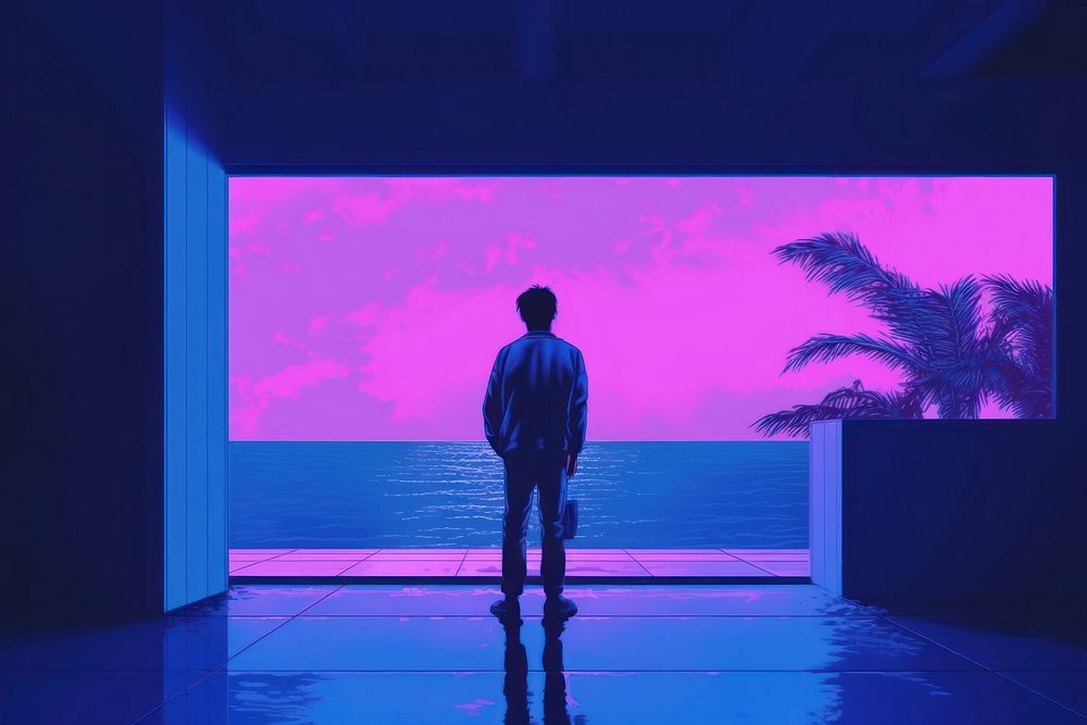 Boy standing purple blue.