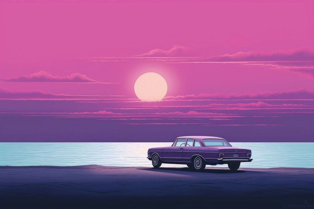 Car at Beach vehicle horizon purple.
