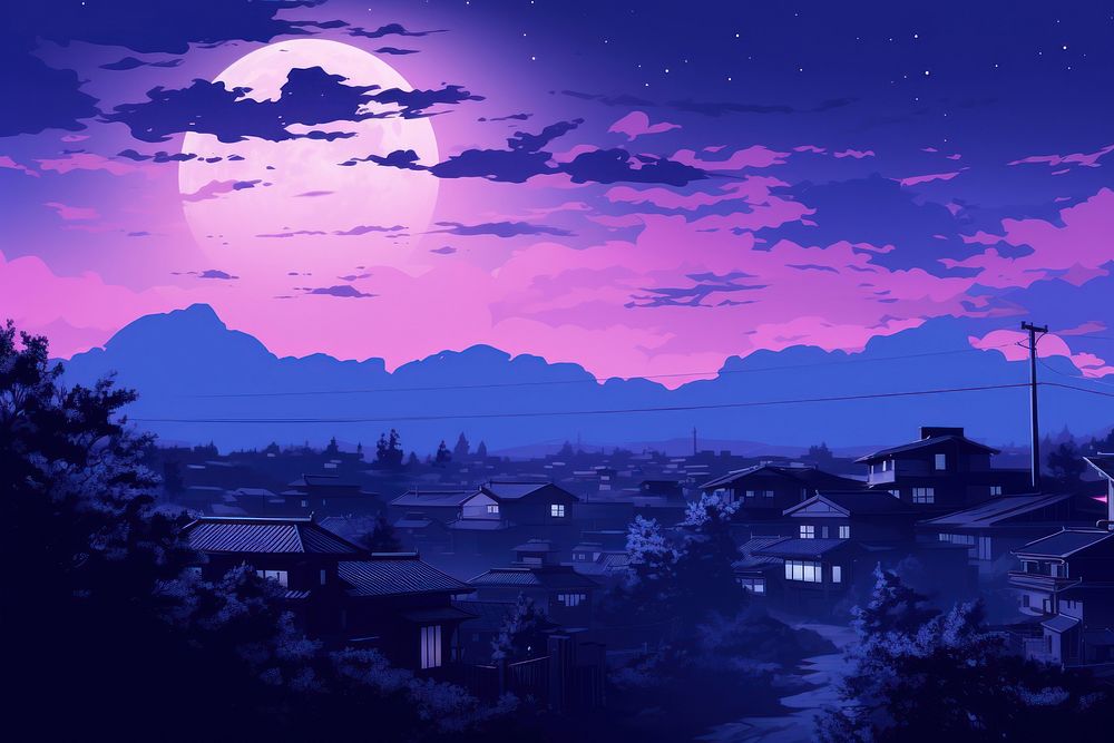Japanese village purple landscape outdoors.