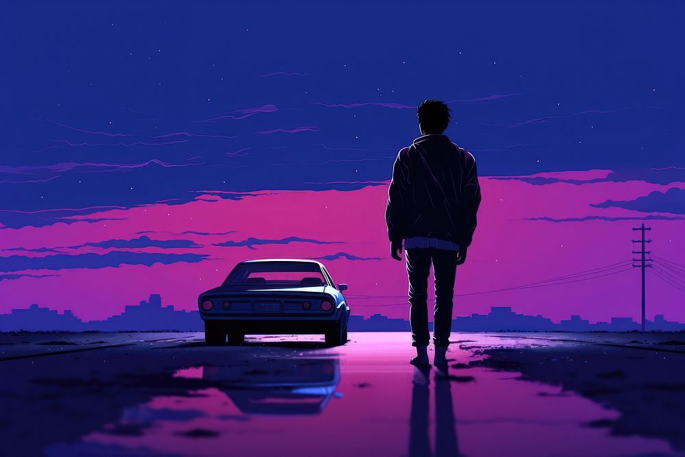 Japanese boy purple silhouette vehicle.