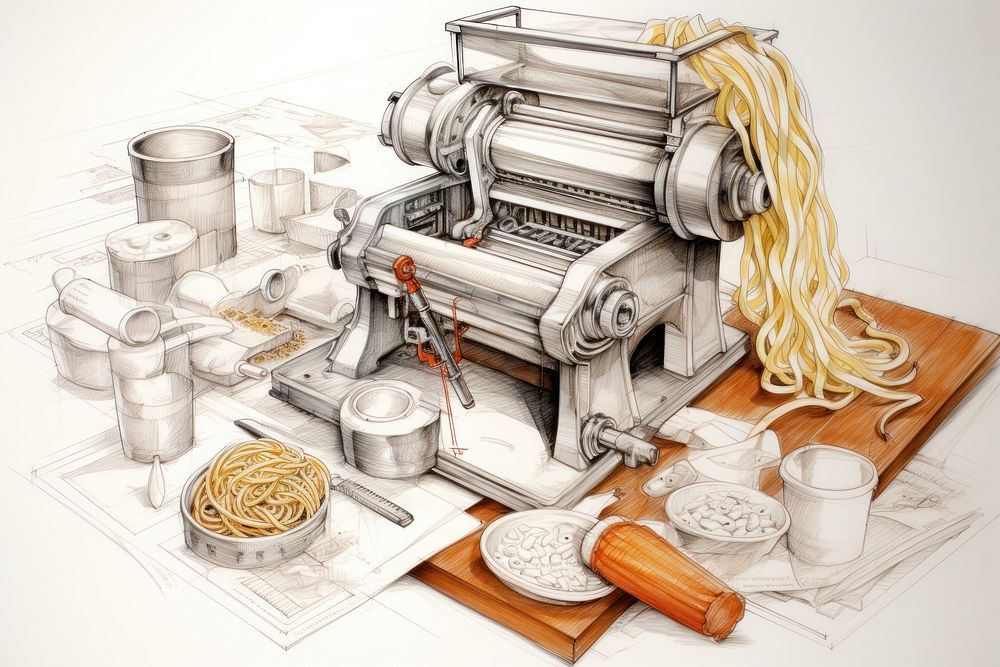 Drawing noodle-making machine sketch food.
