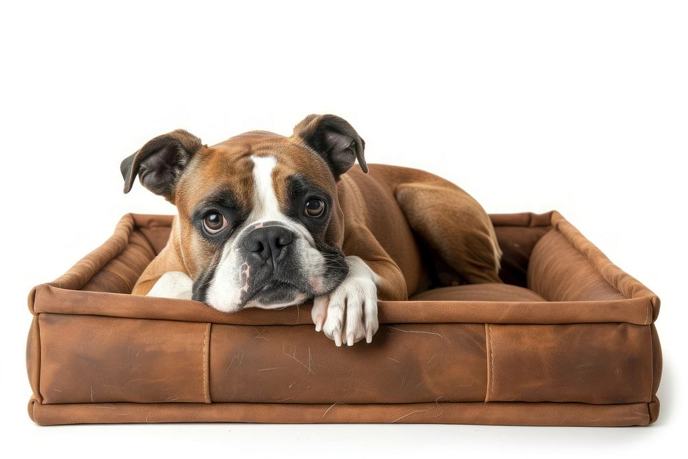 Dog in brown box furniture bulldog mammal.