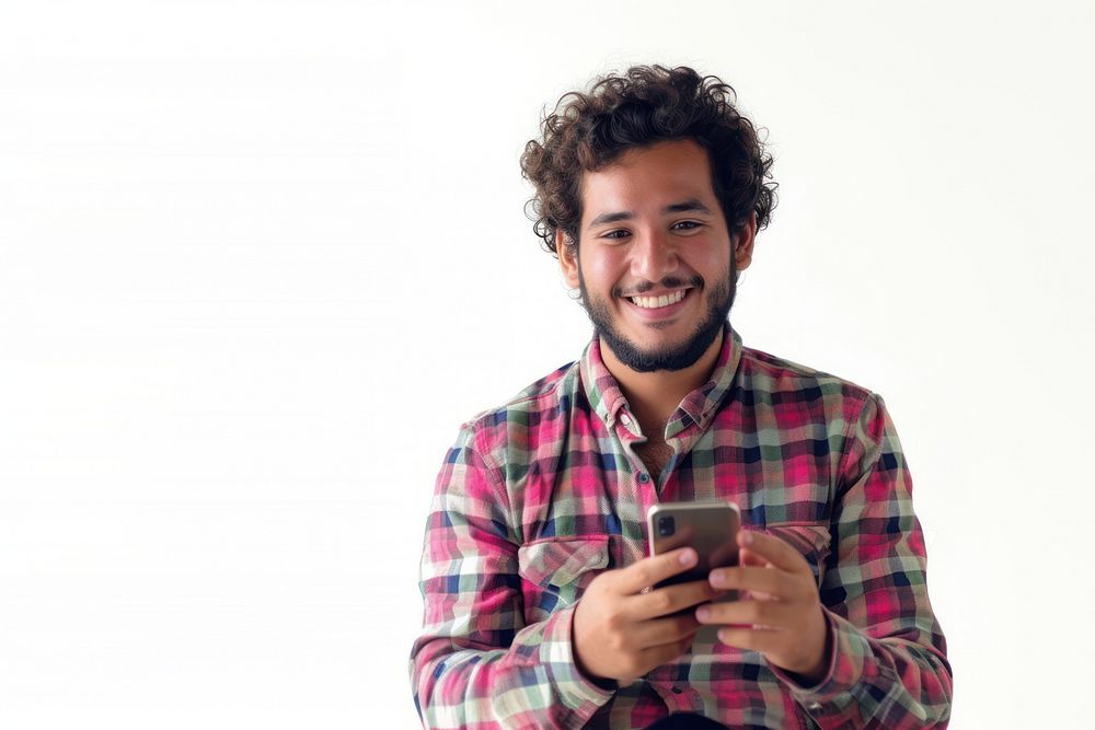 Man looking mobile phone smile laughing adult.
