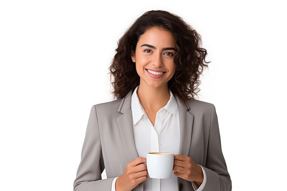 Woman holding coffee cup smile face white background.