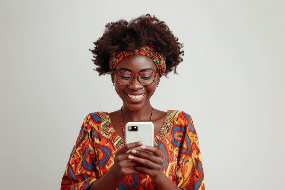 Woman looking mobile phone smile portrait glasses.