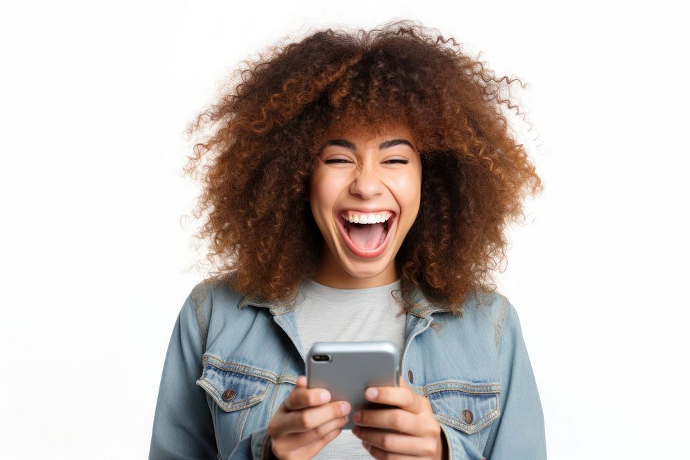 Woman play mobile phone shouting laughing adult.