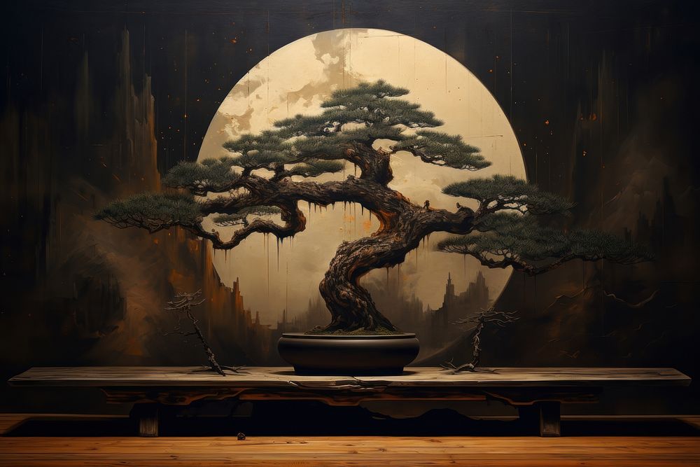 Soft vintage painting of a bonsai tree dark wooden background stars moon.