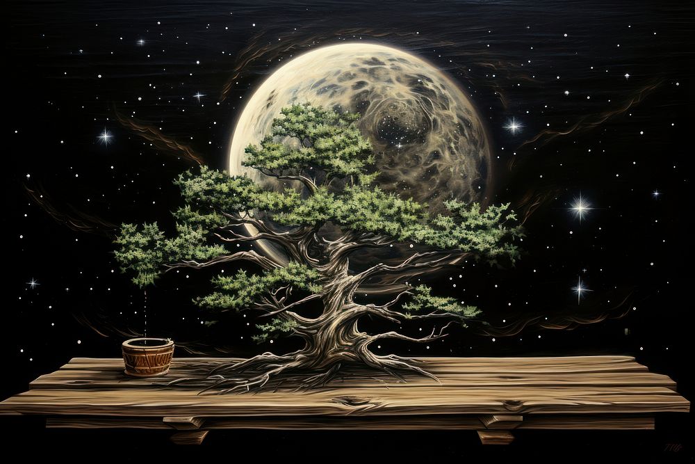 Moon stars soft vintage painting of a bonsai tree dark wooden background.