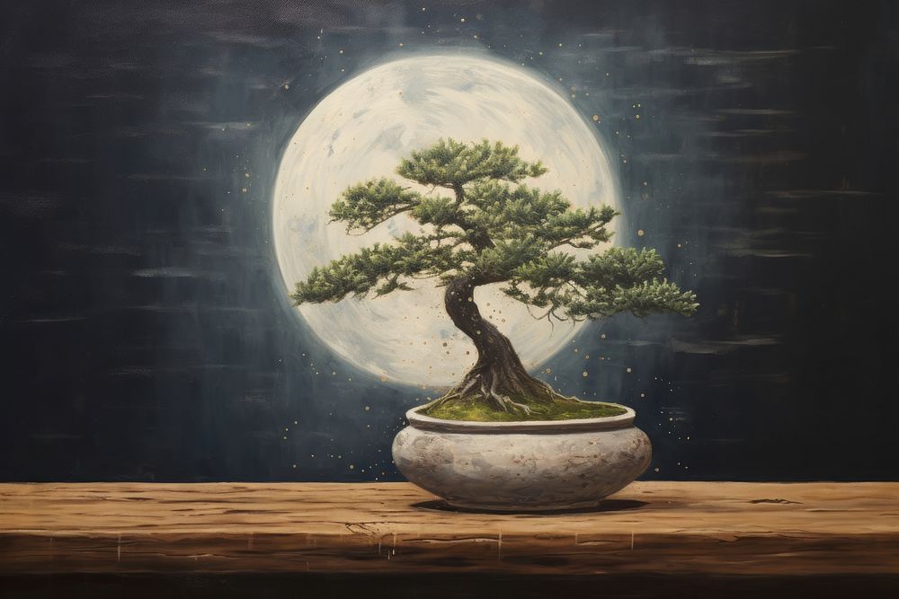 Moon soft vintage painting of a bonsai tree dark wooden background stars.