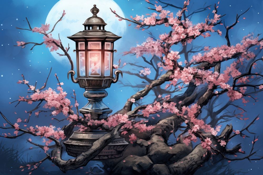 Soft blue background cherry blossoms bonsai tree Japanese lantern.