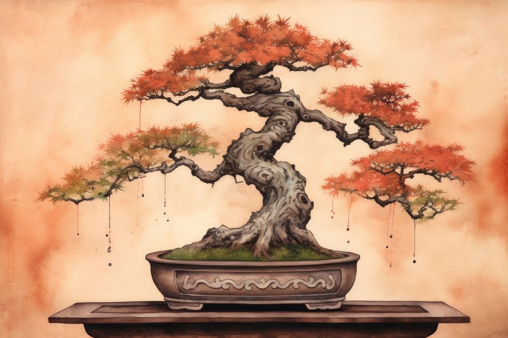 Soft orange background bonsai tree Japanese maple tree plant.
