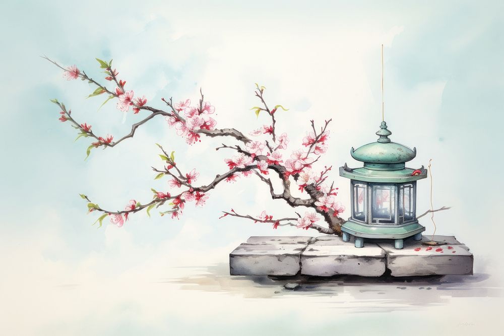 Soft blue background cherry blossoms bonsai tree Japanese lantern.