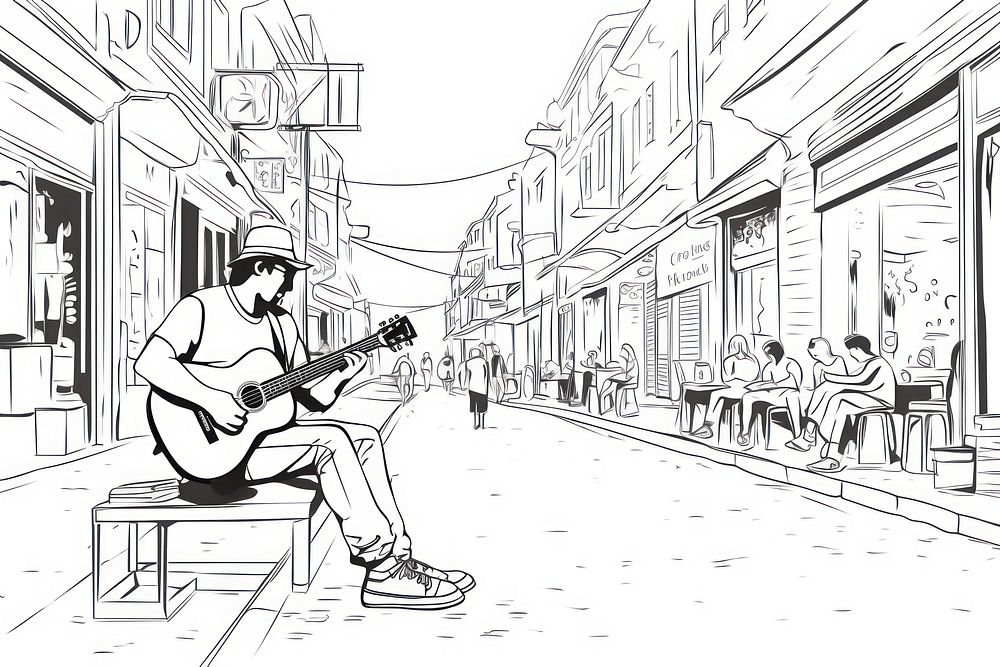 Artist play guitar on walking street sketch drawing adult.