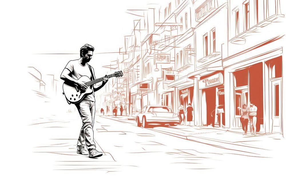 Artist play guitar on walking street sketch musician drawing.