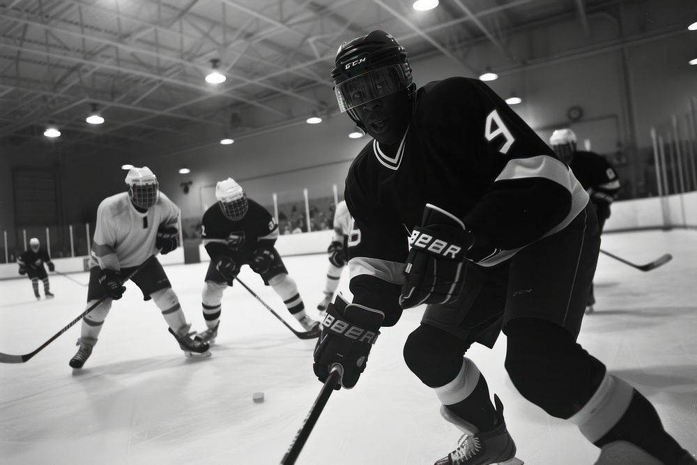 Black man hockey sports helmet.