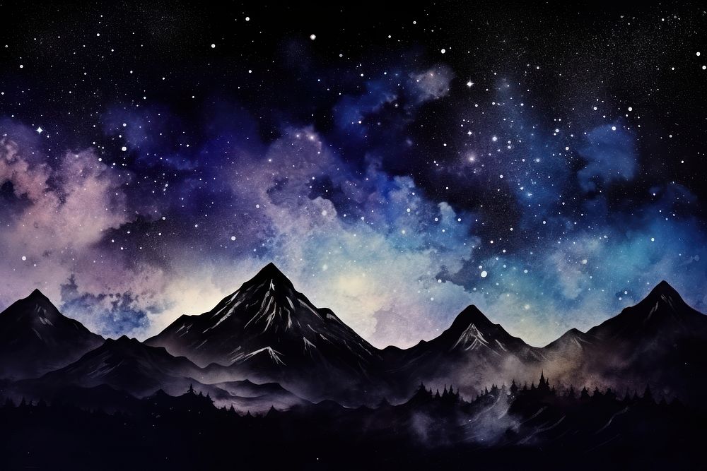 Mountain in Galaxy Watercolor space landscape astronomy.