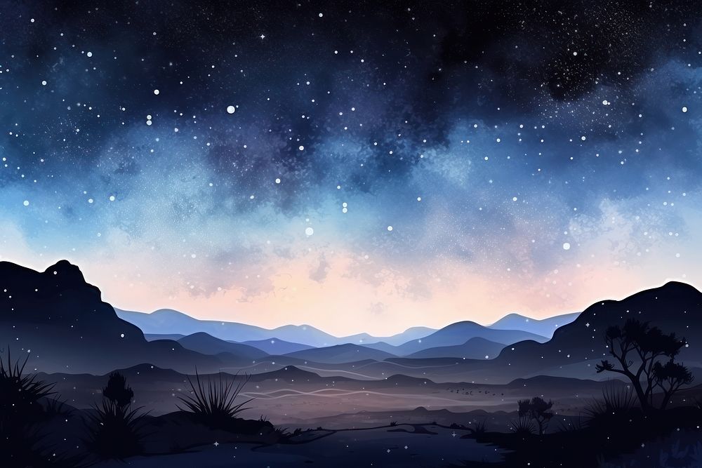Desert in Galaxy Watercolor silhouette landscape astronomy.