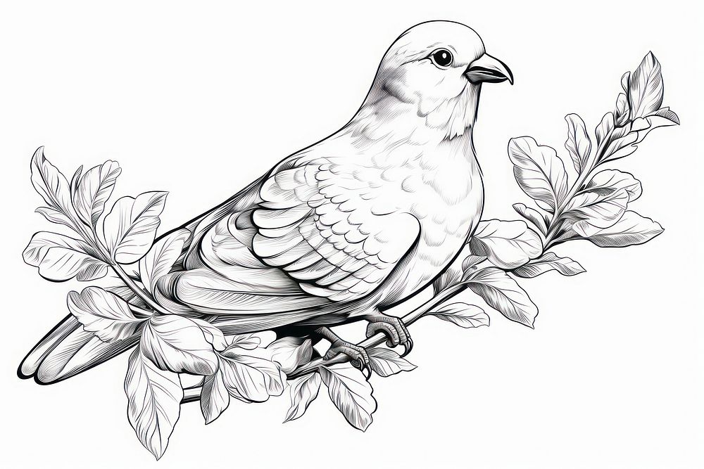 Dove holding branch leaves in mouth drawing animal sketch.