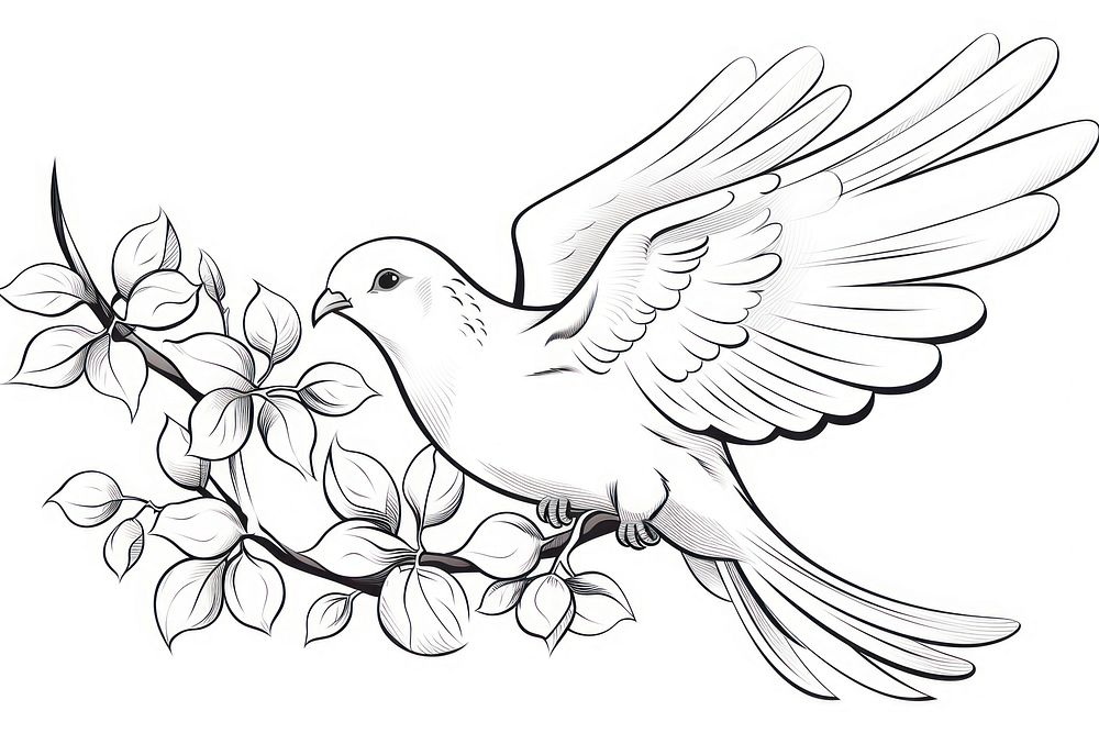 Dove holding branch leaves drawing sketch white.