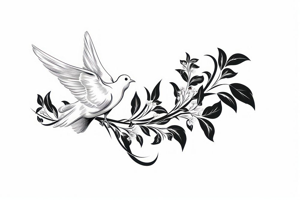 Dove mouth holding branch leaves drawing sketch white.