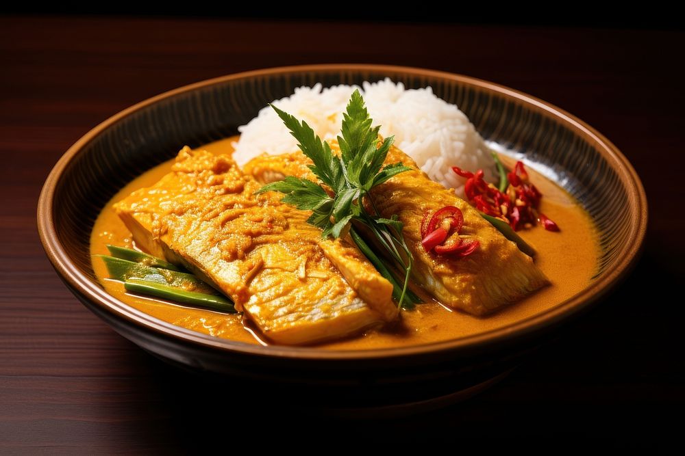 Curry seafood fish steamed rice.