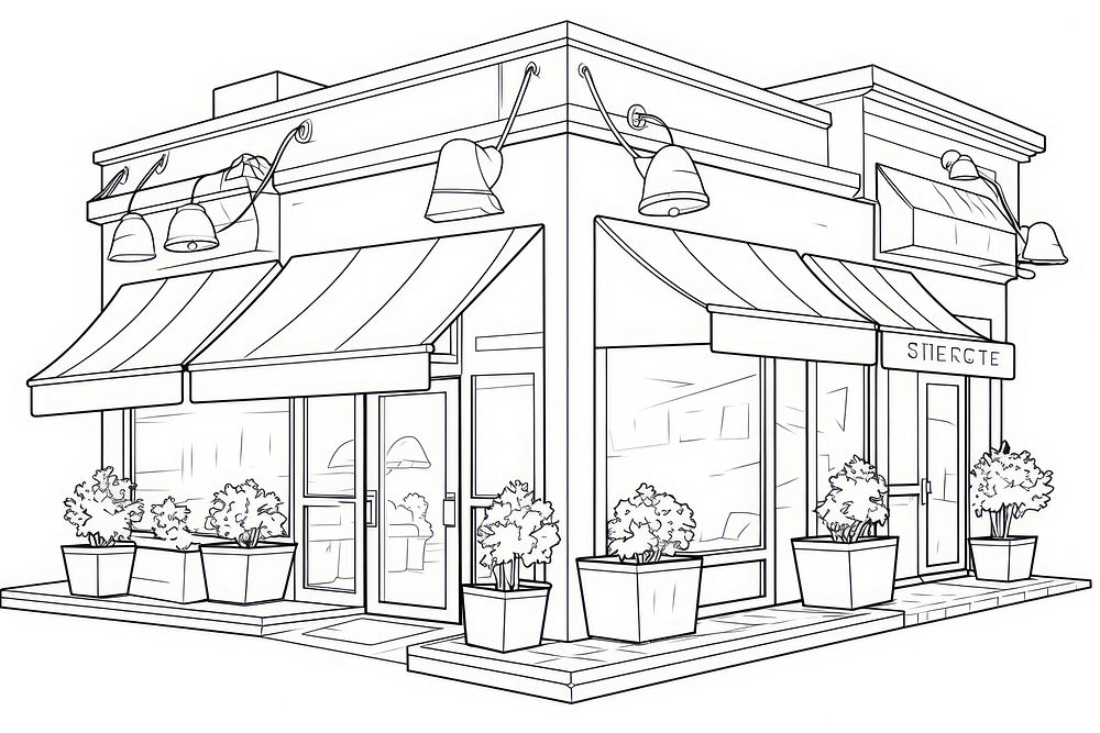 Exterior pizza shop sketch drawing line.