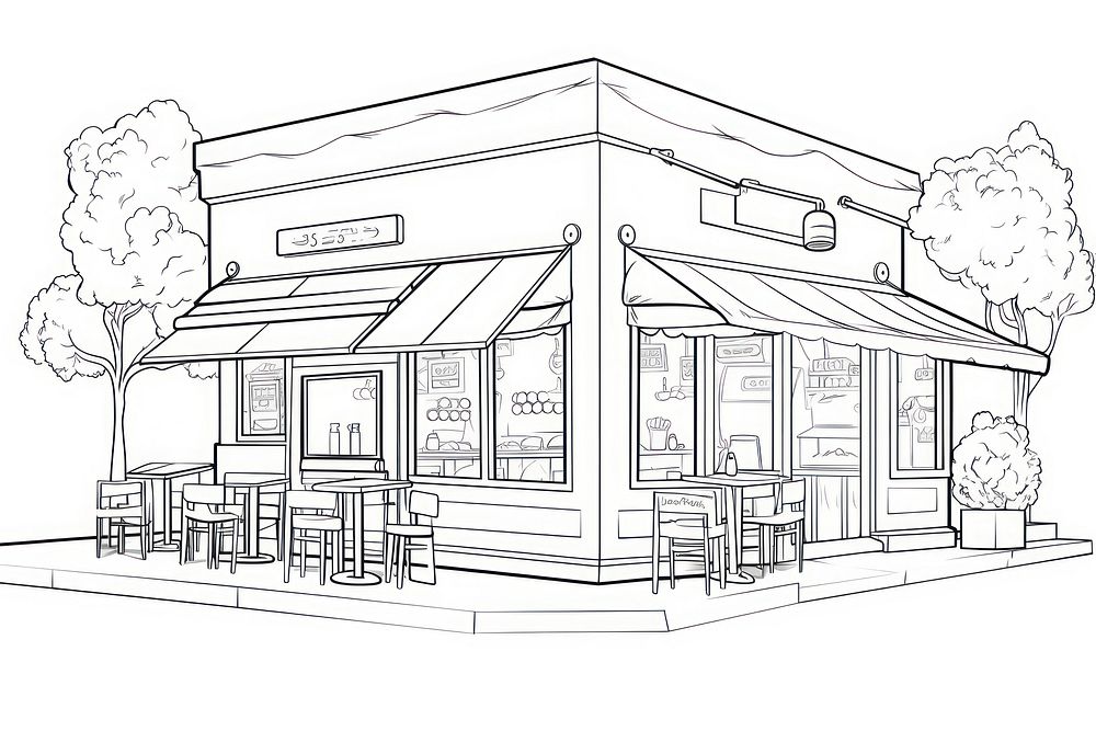 Exterior pizza shop sketch restaurant drawing.