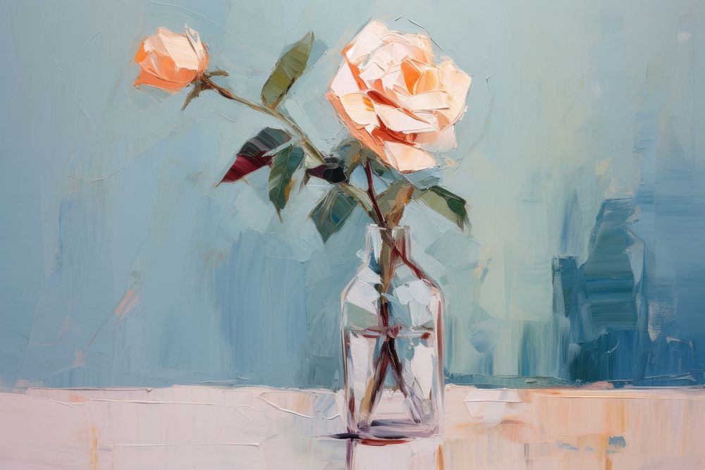 White rose in vase on the table painting flower plant.