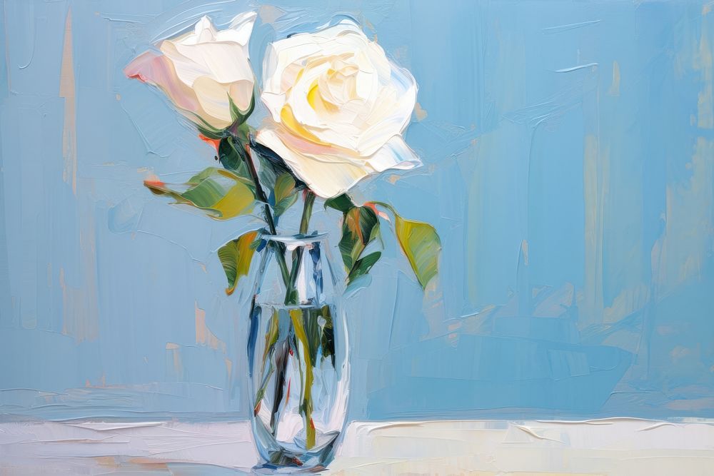 White rose in vase on the table painting flower plant.